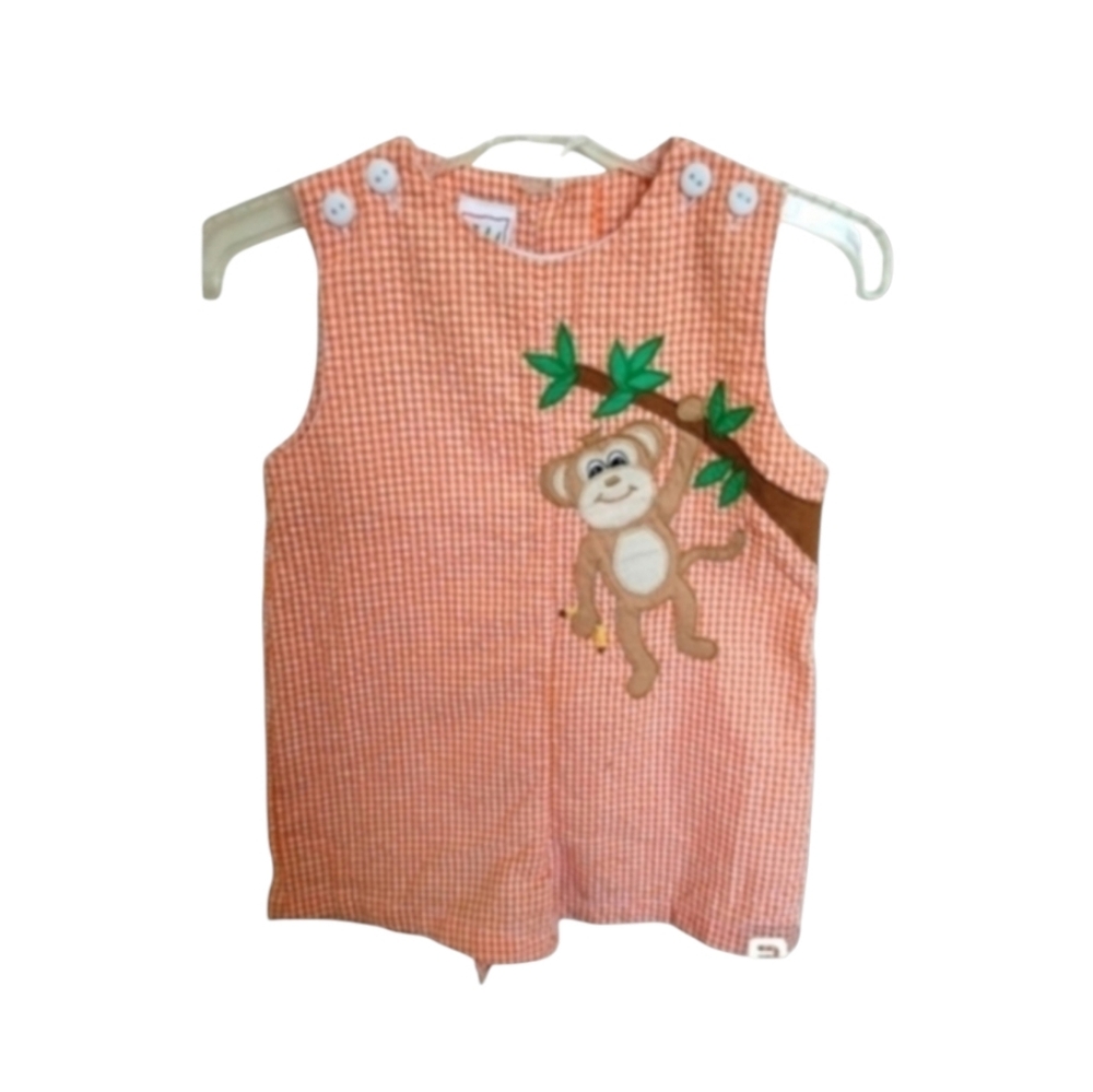 ZU Orange and White Checkered Print Monkey Summer Jungle Romper Size 9 Months